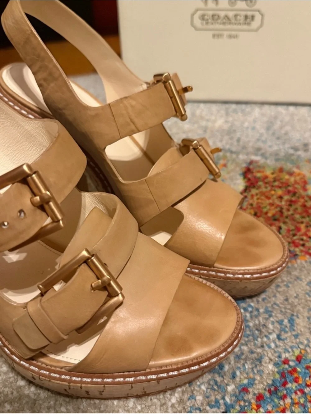 Coach Brown Genuine Leather Platform Slingback Heels / Block 4” heel